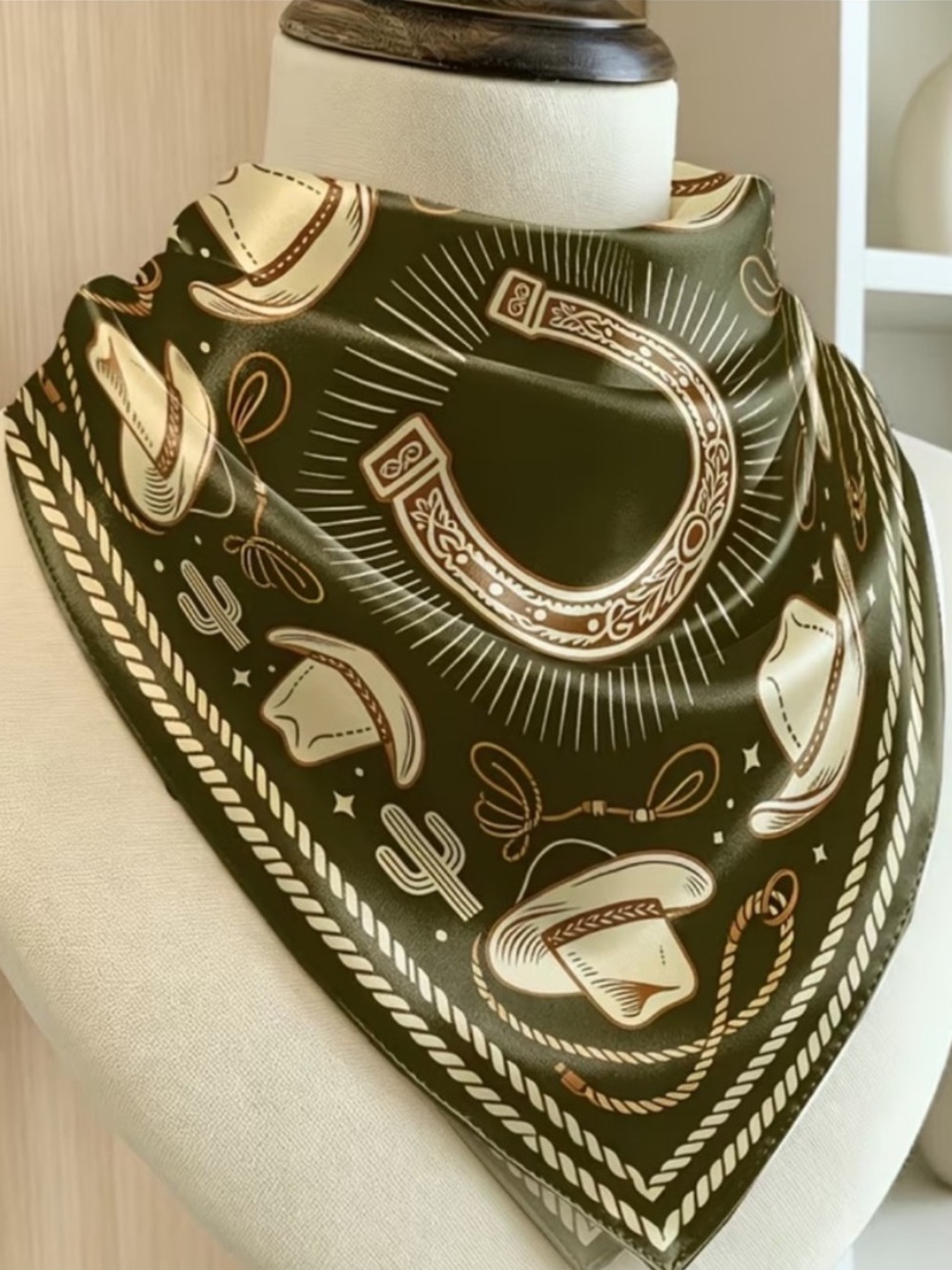 Western Horseshoe Print Bandana Scarf - Olive & Ivory